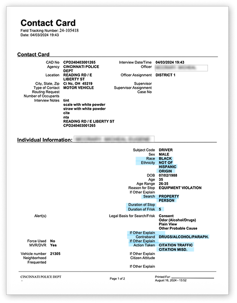 Screenshot of a Cincinnati Police contact card